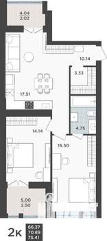 2-к квартира, строящийся дом, 71м2, 1/10 этаж