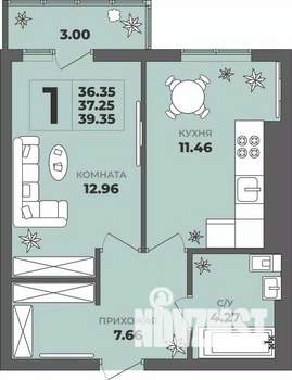 1-к квартира, строящийся дом, 37м2, 5/8 этаж