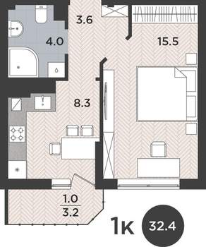 1-к квартира, вторичка, 32м2, 9/9 этаж