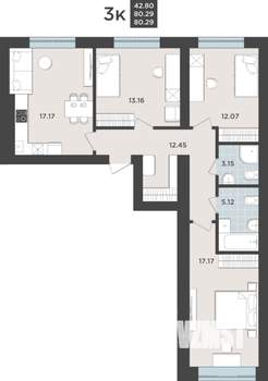 3-к квартира, строящийся дом, 80м2, 1/9 этаж