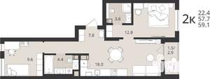 2-к квартира, вторичка, 58м2, 7/9 этаж