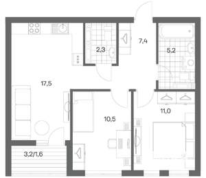 2-к квартира, строящийся дом, 56м2, 8/18 этаж