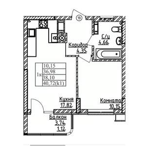 1-к квартира, строящийся дом, 38м2, 4/9 этаж