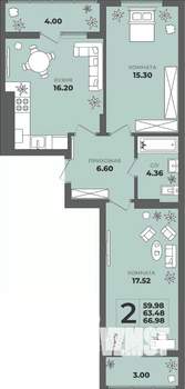 2-к квартира, строящийся дом, 63м2, 4/8 этаж