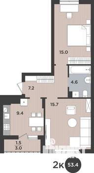 2-к квартира, вторичка, 53м2, 2/9 этаж