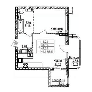1-к квартира, строящийся дом, 43м2, 5/9 этаж