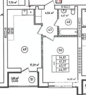 1-к квартира, сданный дом, 45м2, 6/10 этаж