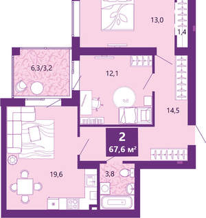 2-к квартира, сданный дом, 68м2, 2/4 этаж