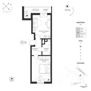 1-к квартира, вторичка, 52м2, 6/7 этаж