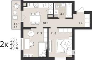 2-к квартира, вторичка, 47м2, 2/9 этаж