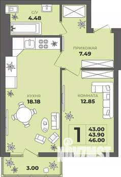 1-к квартира, строящийся дом, 44м2, 7/8 этаж