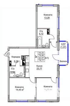 3-к квартира, вторичка, 80м2, 4/9 этаж