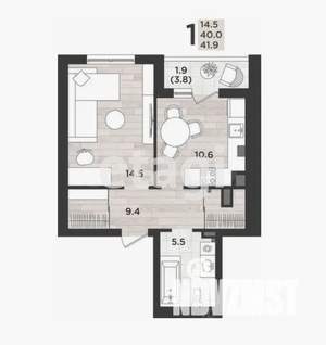 1-к квартира, вторичка, 41м2, 6/12 этаж