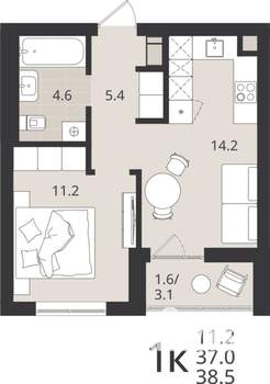 1-к квартира, вторичка, 37м2, 1/9 этаж