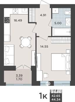 1-к квартира, строящийся дом, 43м2, 2/10 этаж
