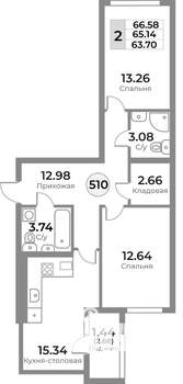 2-к квартира, вторичка, 65м2, 1/10 этаж