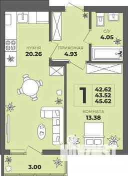 1-к квартира, строящийся дом, 44м2, 7/8 этаж