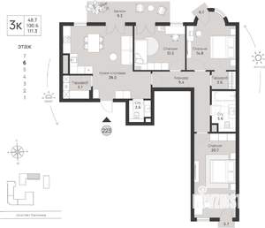 3-к квартира, вторичка, 111м2, 6/7 этаж