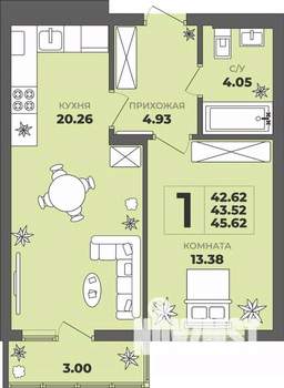 1-к квартира, строящийся дом, 44м2, 6/8 этаж