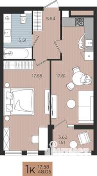 1-к квартира, строящийся дом, 48м2, 10/10 этаж