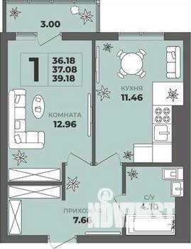 1-к квартира, строящийся дом, 37м2, 5/8 этаж