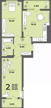 2-к квартира, строящийся дом, 63м2, 8/8 этаж