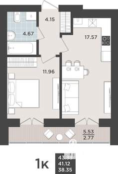 1-к квартира, строящийся дом, 41м2, 10/10 этаж