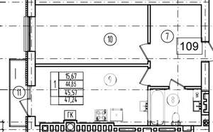 1-к квартира, строящийся дом, 46м2, 8/9 этаж