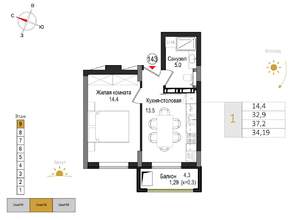 1-к квартира, вторичка, 34м2, 9/9 этаж