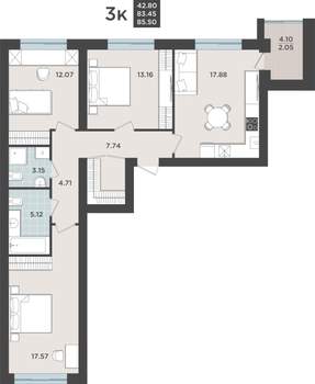 3-к квартира, строящийся дом, 83м2, 6/9 этаж