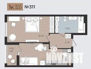 1-к квартира, строящийся дом, 47м2, 6/10 этаж