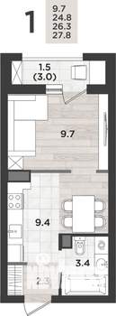1-к квартира, вторичка, 26м2, 2/14 этаж