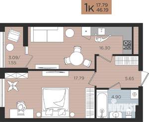 1-к квартира, вторичка, 46м2, 9/10 этаж