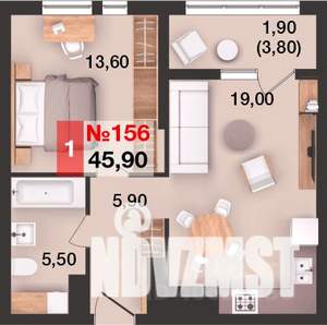 1-к квартира, вторичка, 46м2, 13/15 этаж