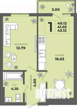 1-к квартира, строящийся дом, 41м2, 4/8 этаж