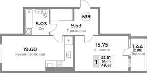1-к квартира, вторичка, 51м2, 8/10 этаж