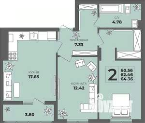 2-к квартира, строящийся дом, 62м2, 1/8 этаж