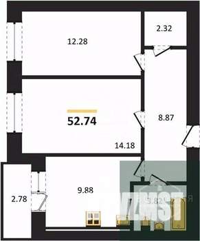 2-к квартира, вторичка, 53м2, 1/9 этаж