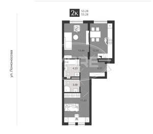 2-к квартира, вторичка, 53м2, 1/4 этаж