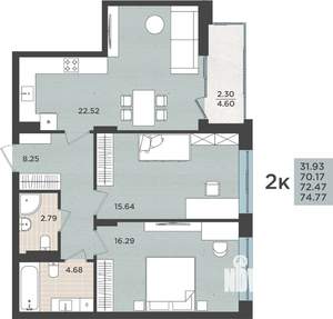 2-к квартира, сданный дом, 72м2, 4/8 этаж