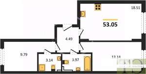 2-к квартира, вторичка, 53м2, 1/4 этаж