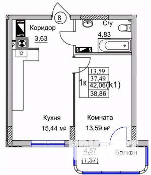 1-к квартира, вторичка, 39м2, 1/9 этаж