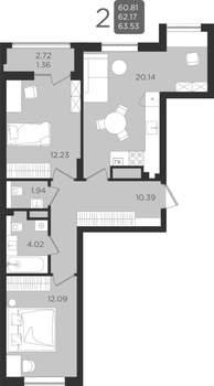 2-к квартира, строящийся дом, 62м2, 3/9 этаж