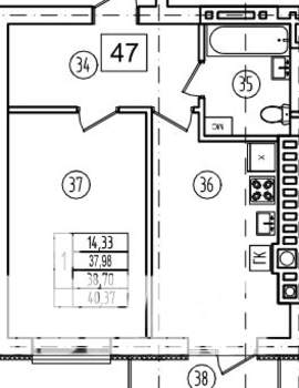 1-к квартира, строящийся дом, 39м2, 7/9 этаж