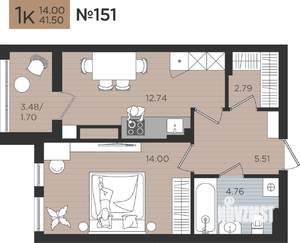 1-к квартира, вторичка, 42м2, 5/10 этаж