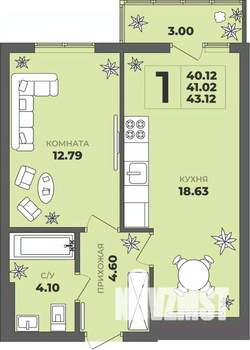 1-к квартира, строящийся дом, 41м2, 7/8 этаж