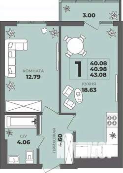 1-к квартира, вторичка, 41м2, 8/8 этаж