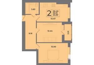 2-к квартира, строящийся дом, 56м2, 6/8 этаж