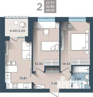 2-к квартира, строящийся дом, 55м2, 3/4 этаж