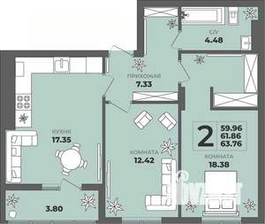 2-к квартира, строящийся дом, 62м2, 3/8 этаж
